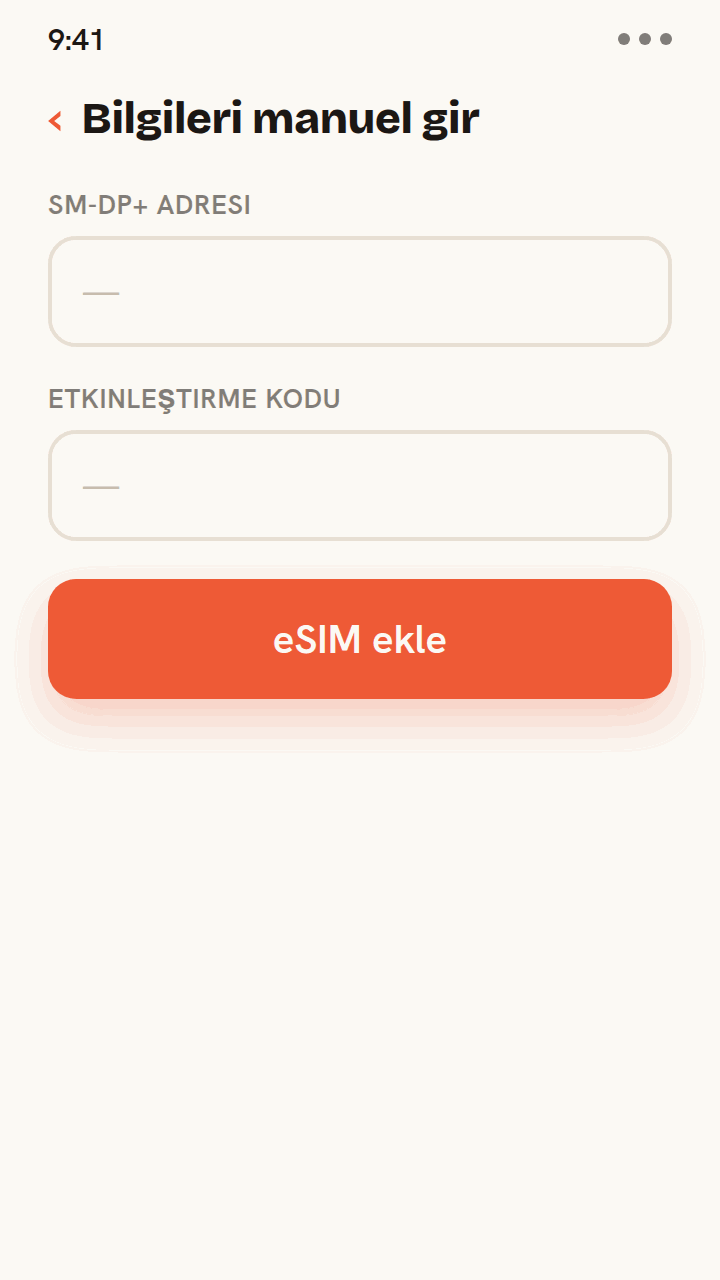 Zwitchy eSIM'ini QR kodu olmadan kurmanın animasyonlu rehberi: Zwitchy e-postandaki SM-DP+ adresini ve etkinleştirme kodunu manuel giriş alanlarına yaz, eSIM ekle'ye dokun; eSIM başarı onayıyla kurulur.