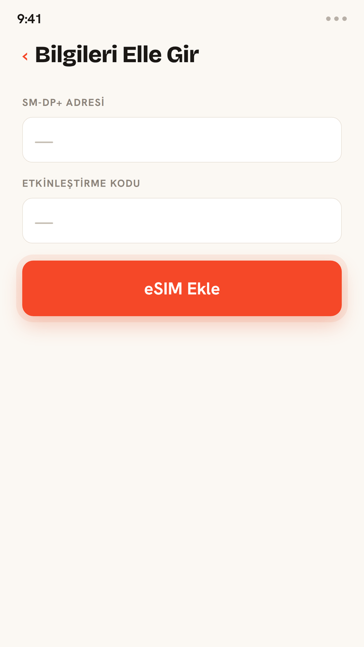 Zwitchy eSIM'ini QR kodu olmadan kurmanın animasyonlu rehberi: Zwitchy e-postandaki SM-DP+ adresini ve etkinleştirme kodunu manuel giriş alanlarına yaz, eSIM ekle'ye dokun; eSIM başarı onayıyla kurulur.
