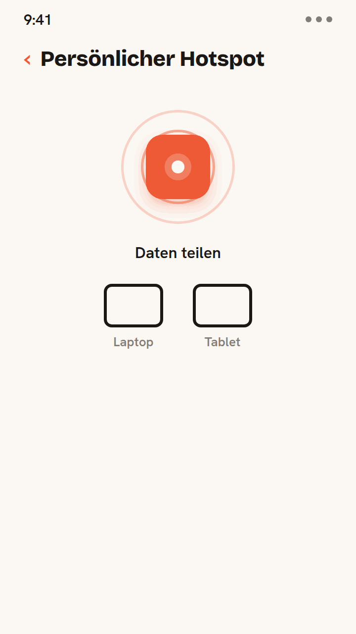 Animation, in der der persönliche Hotspot eines Handys seine Zwitchy-Datenverbindung an einen Laptop und ein Tablet sendet, die sich nacheinander verbinden. Die Daten einer eSIM werden auf mehrere Geräte geteilt.