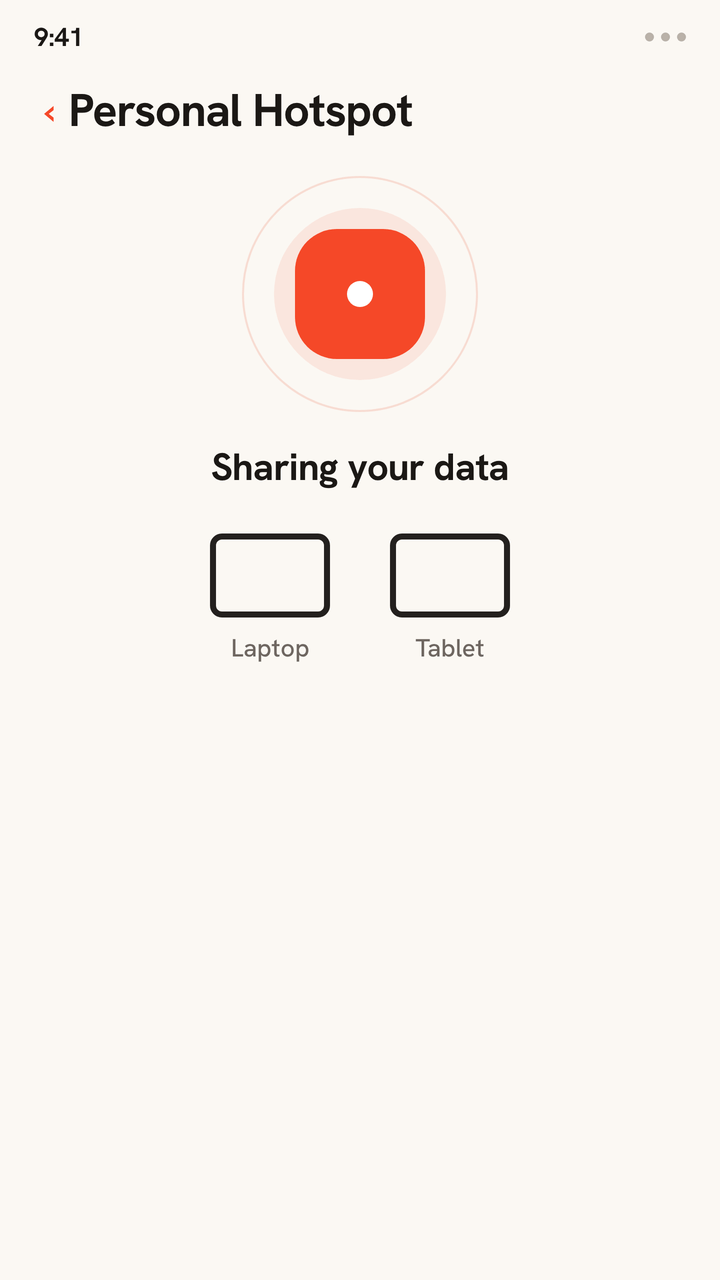 Animation of a phone's Personal Hotspot broadcasting its Zwitchy data connection to a laptop and a tablet, which connect in turn, sharing one eSIM's data across devices.