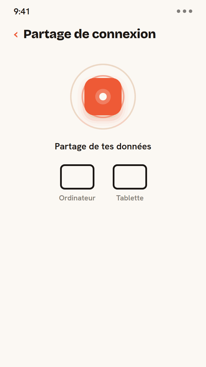 Animation où le partage de connexion d'un téléphone diffuse sa connexion de données Zwitchy vers un ordinateur portable et une tablette, qui se connectent tour à tour : les données d'une eSIM partagées entre appareils.