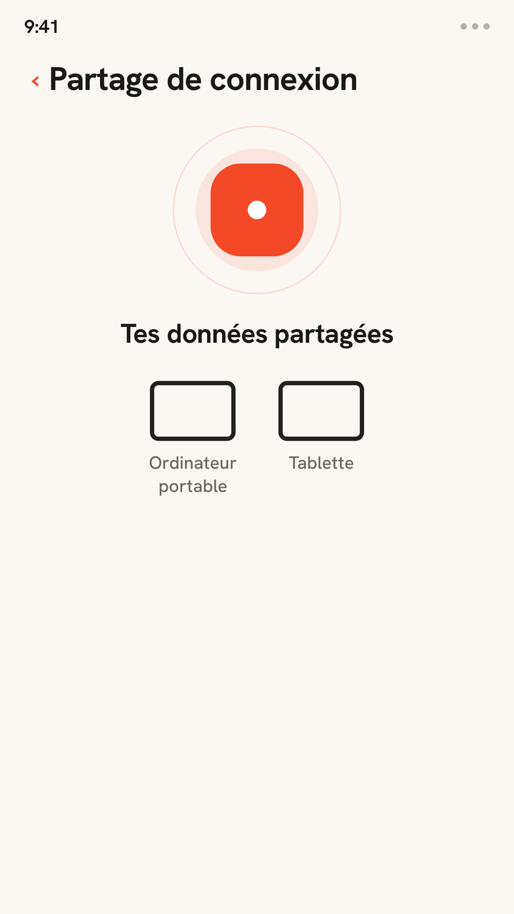 Animation où le partage de connexion d'un téléphone diffuse sa connexion de données Zwitchy vers un ordinateur portable et une tablette, qui se connectent tour à tour : les données d'une eSIM partagées entre appareils.