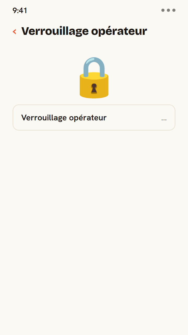 Animation du réglage Verrouillage opérateur d'un téléphone : un cadenas s'ouvre et le statut affiche « Aucune restriction SIM », confirmant que le téléphone est désimlocké et prêt pour une eSIM de voyage.