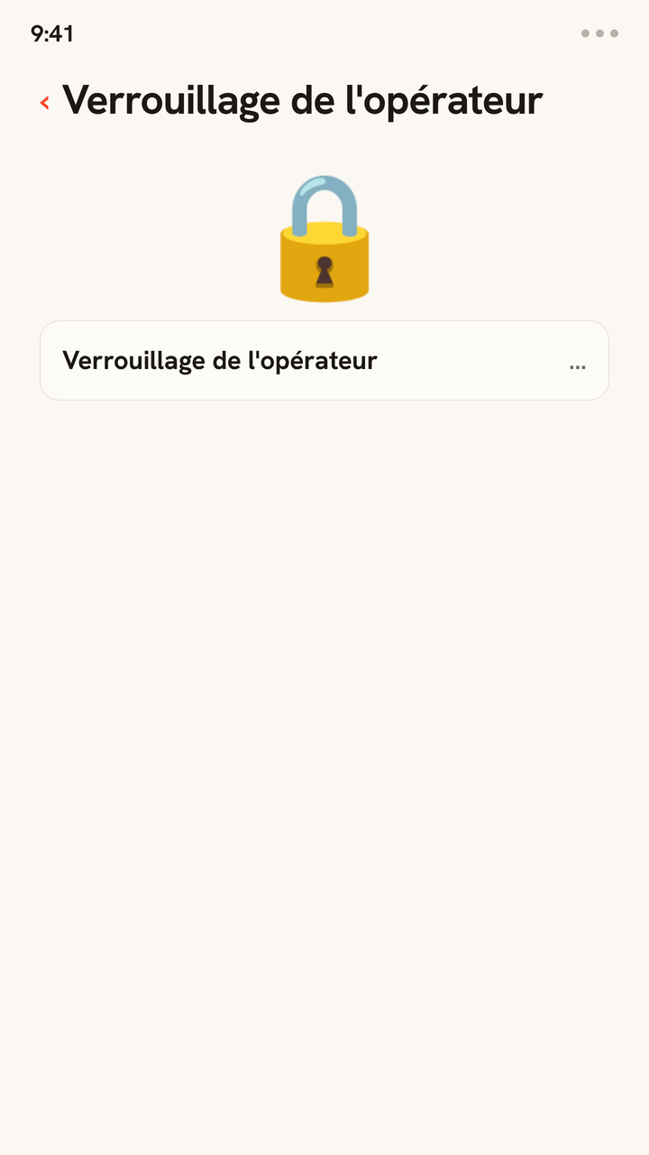 Animation du réglage Verrouillage opérateur d'un téléphone : un cadenas s'ouvre et le statut affiche « Aucune restriction SIM », confirmant que le téléphone est désimlocké et prêt pour une eSIM de voyage.