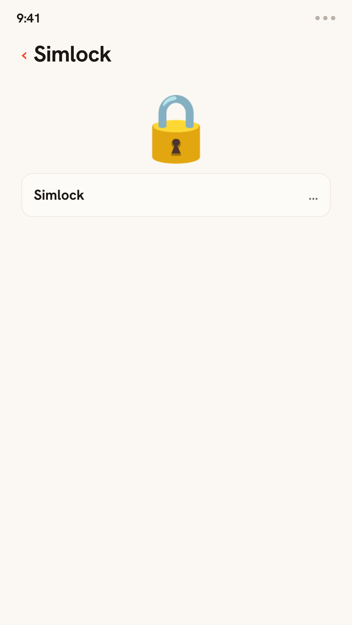 Animatie van de instelling Simlock op een telefoon: er gaat een hangslot open en de status leest 'Geen simbeperkingen', wat bevestigt dat het toestel simlockvrij is en klaar voor een reis-eSIM.