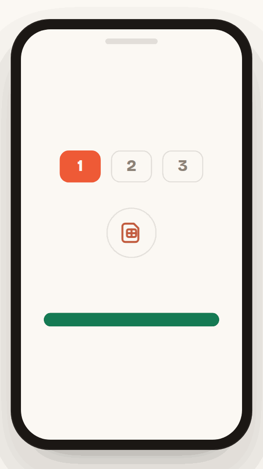 Animation of a digital-nomad setup: months advance one, two, three while a single eSIM chip stays in place and a coral top-up drops in each month, refilling the same data plan to green.