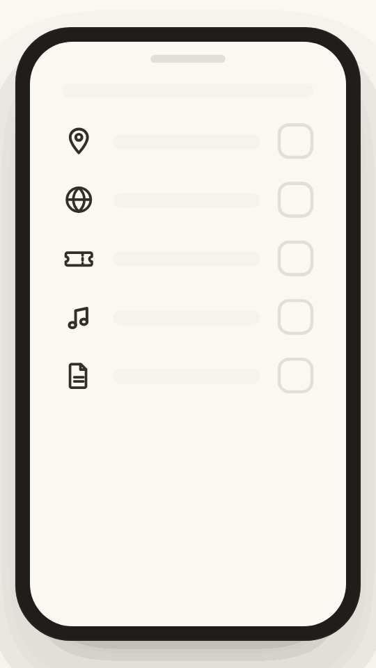 Animated pre-flight checklist ticking off items to download before you fly (offline maps, a translation pack, a boarding pass, a playlist and travel documents) as a progress bar fills to 100%.