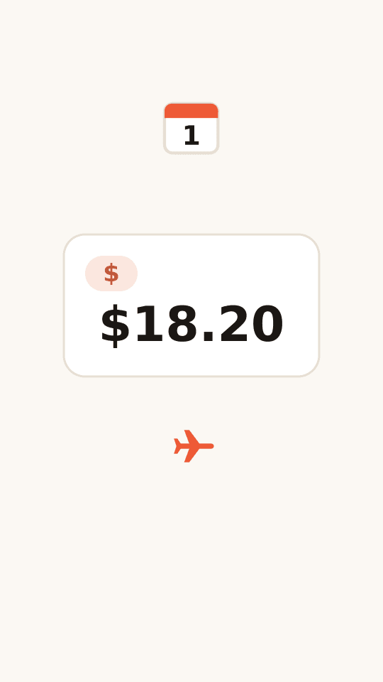Animation of months advancing on a calendar while the same credit balance persists between trips, drops with use, rises with a 10 dollar top-up and ends with a green check.